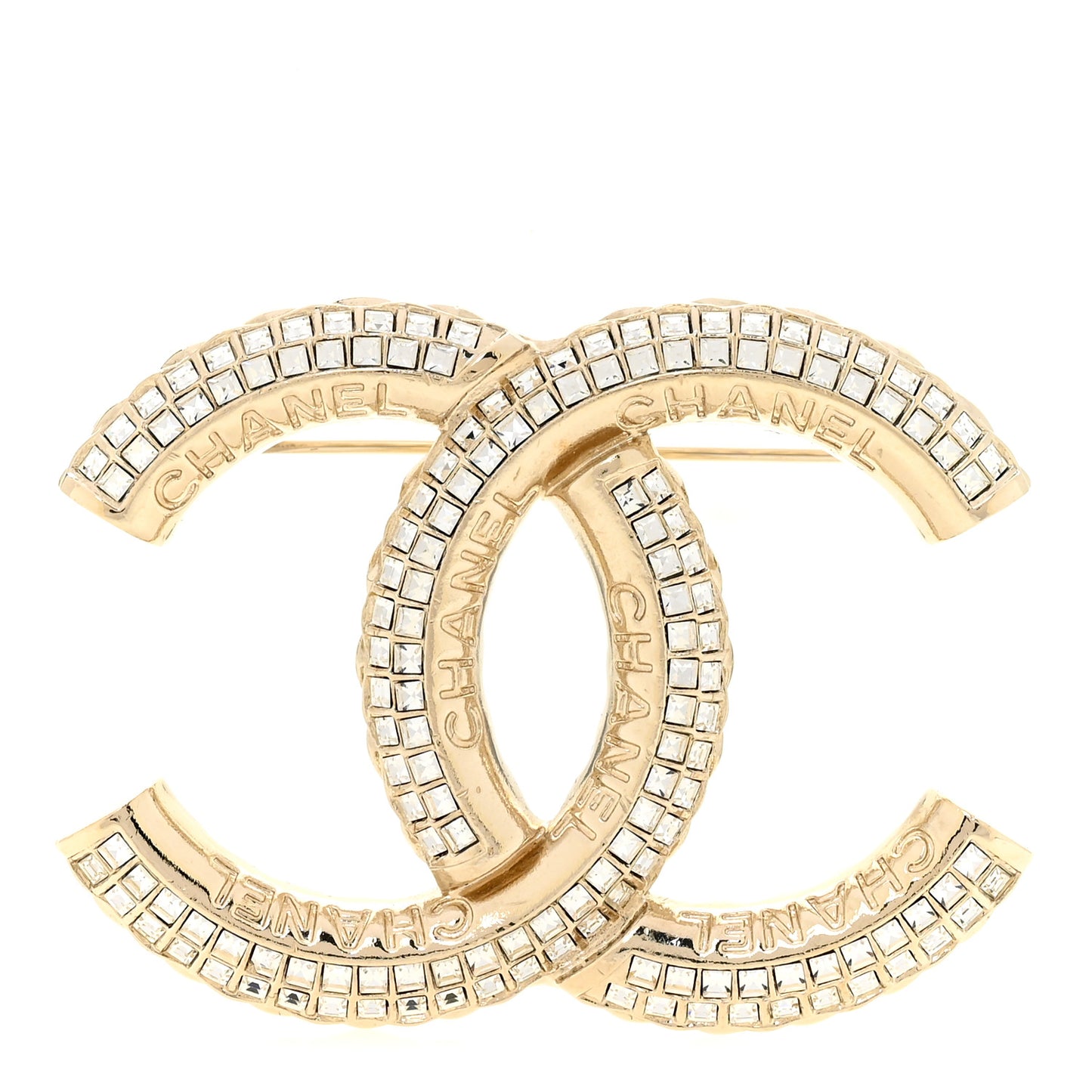 Metal Crystal Baguette CC Brooch Gold