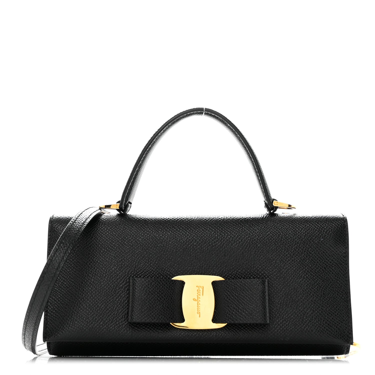 Salvatore Ferragamo Hammered Calfskin Mini Vera Bow Handle Bag Black 1 of 11