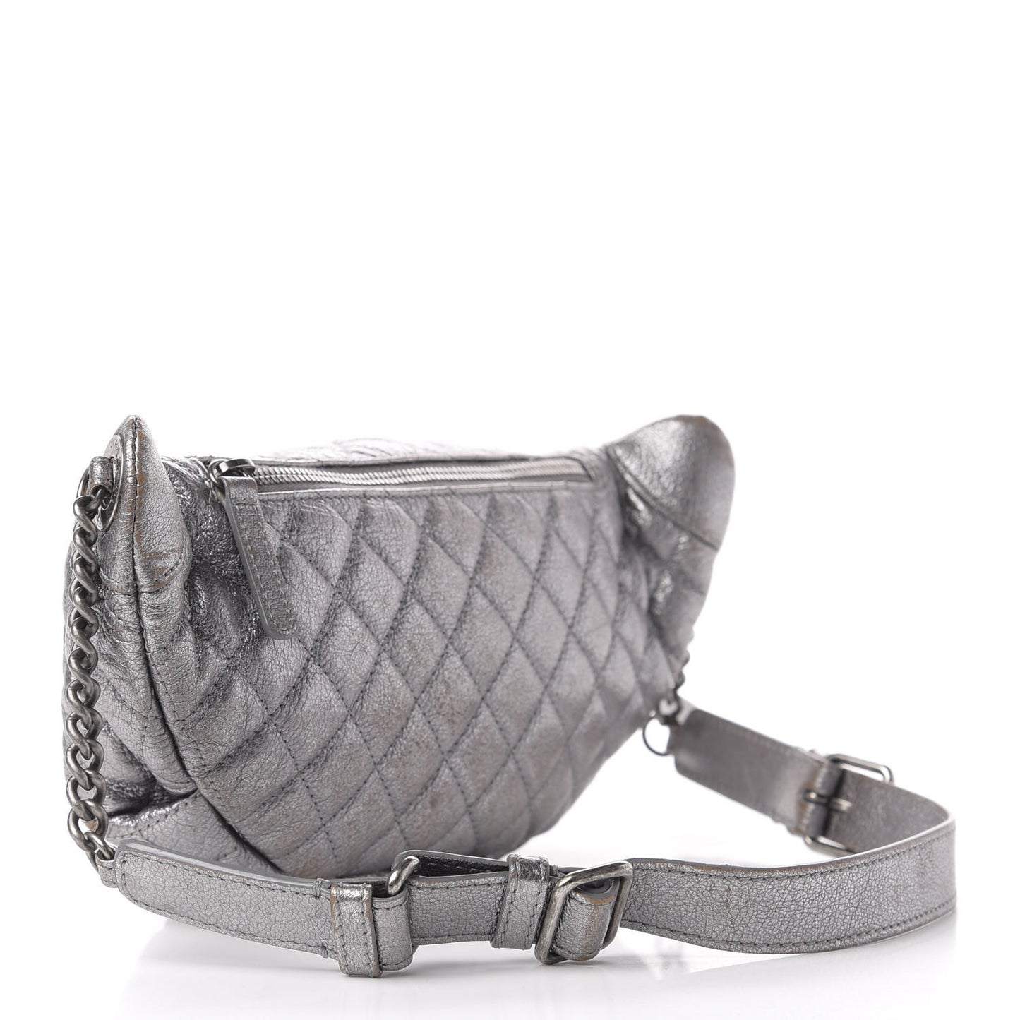 Metallic Goatskin Quilted Banane Waist Bag Fanny Pack Silver