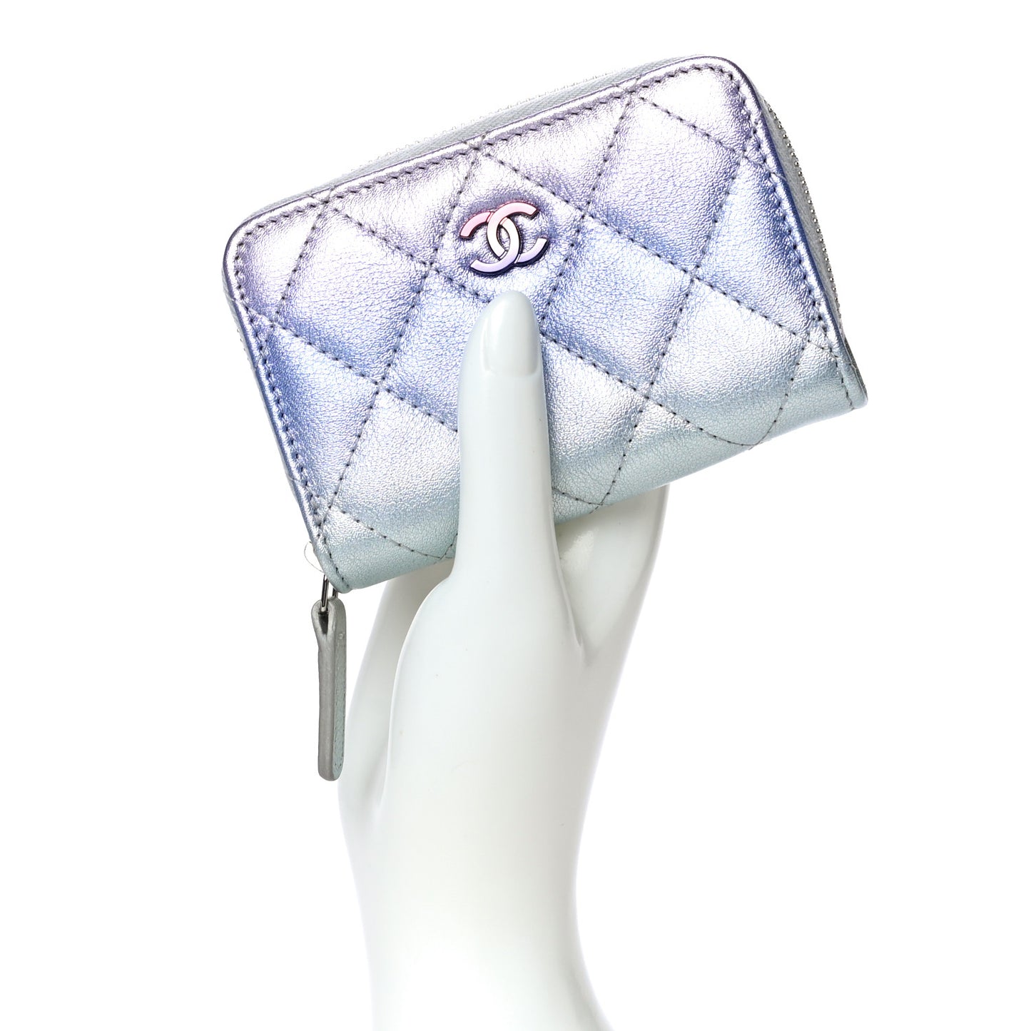 Gradient Metallic Calfskin Quilted Zip Around Coin Purse Wallet Silver Blue Yellow Purple