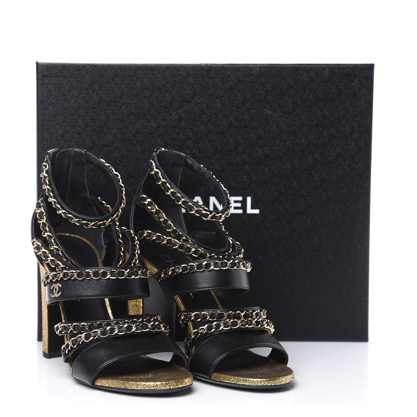 Lambskin Gladiator Chain Sandals 38 Black Gold