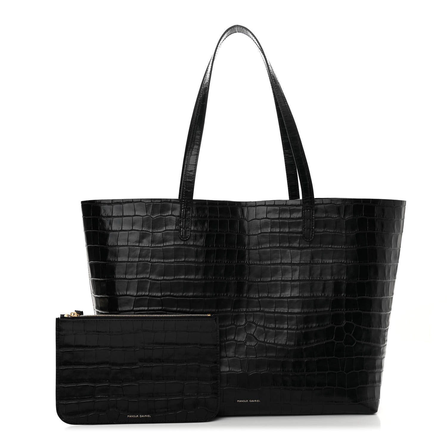 Mansur Gavriel Calfskin Crocodile Embossed Large Shopping Tote Black 3 of 12