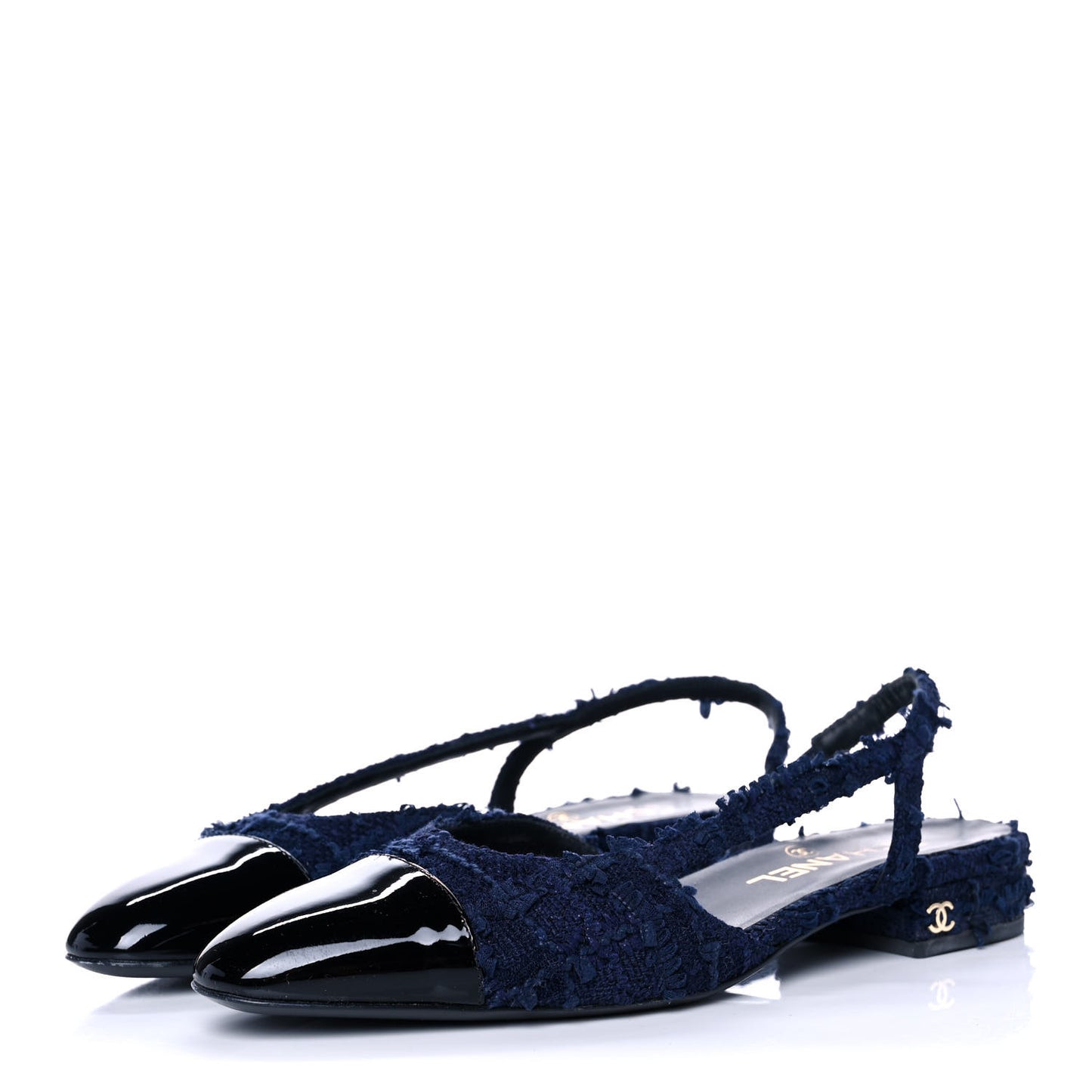 Tweed Patent Cap Toe CC Slingback Flats 38 Navy
