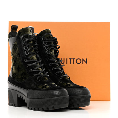Louis Vuitton Velvet Calfskin Monogram Laureate Platform Desert Boots 37 Black Green 9 of 9