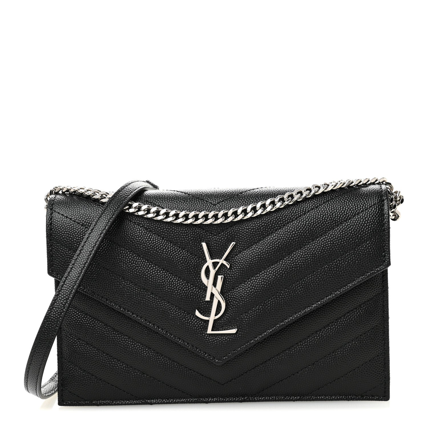 Saint Laurent Grain De Poudre Matelasse Chevron Monogram Envelope Chain Wallet Black 1 of 9