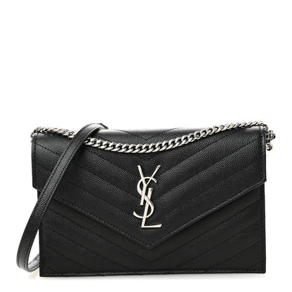 Saint Laurent Grain De Poudre Matelasse Chevron Monogram Envelope Chain Wallet Black 1 of 9