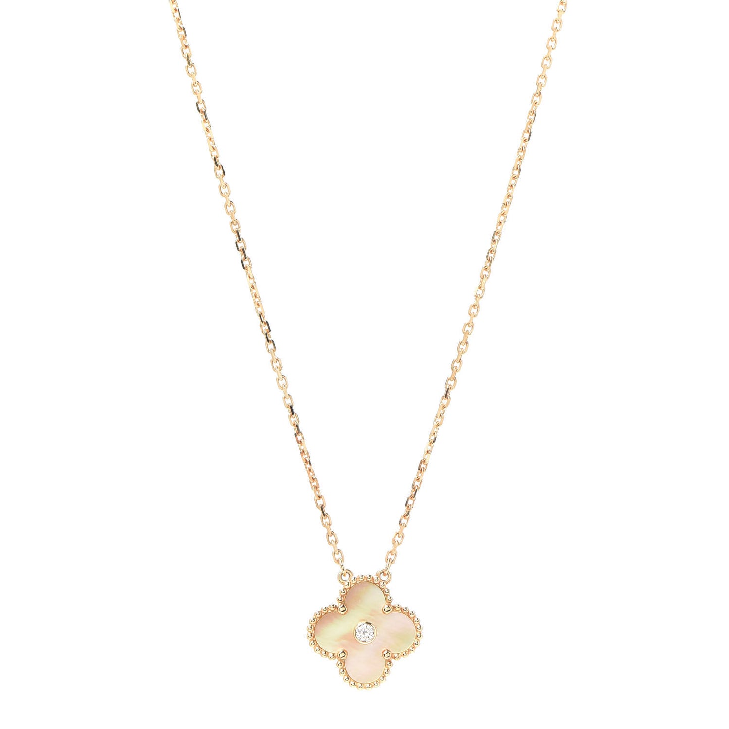 18K Yellow Gold Diamond Yellow Mother of Pearl Vintage Alhambra Pendant Necklace