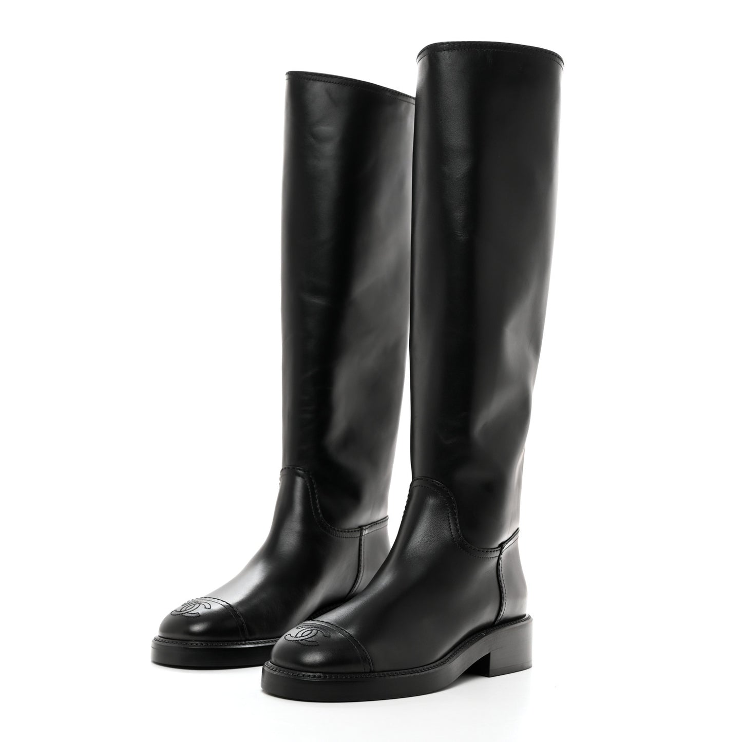 Calfskin Cap Toe High Boots 36 Black