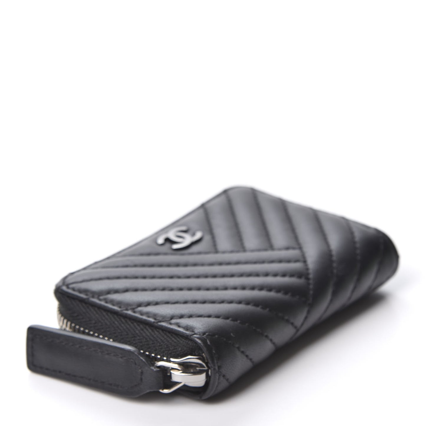 Lambskin Chevron Zip Around Coin Purse Wallet Black