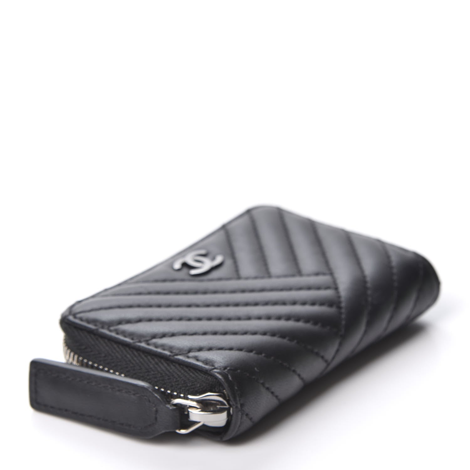 Chanel Lambskin Chevron Zip Around Coin Purse Wallet Black 3 of 10