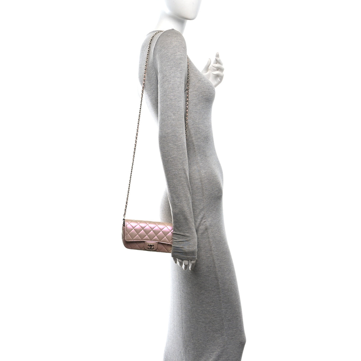 Iridescent Calfskin Quilted Glasses Case With Chain Pink