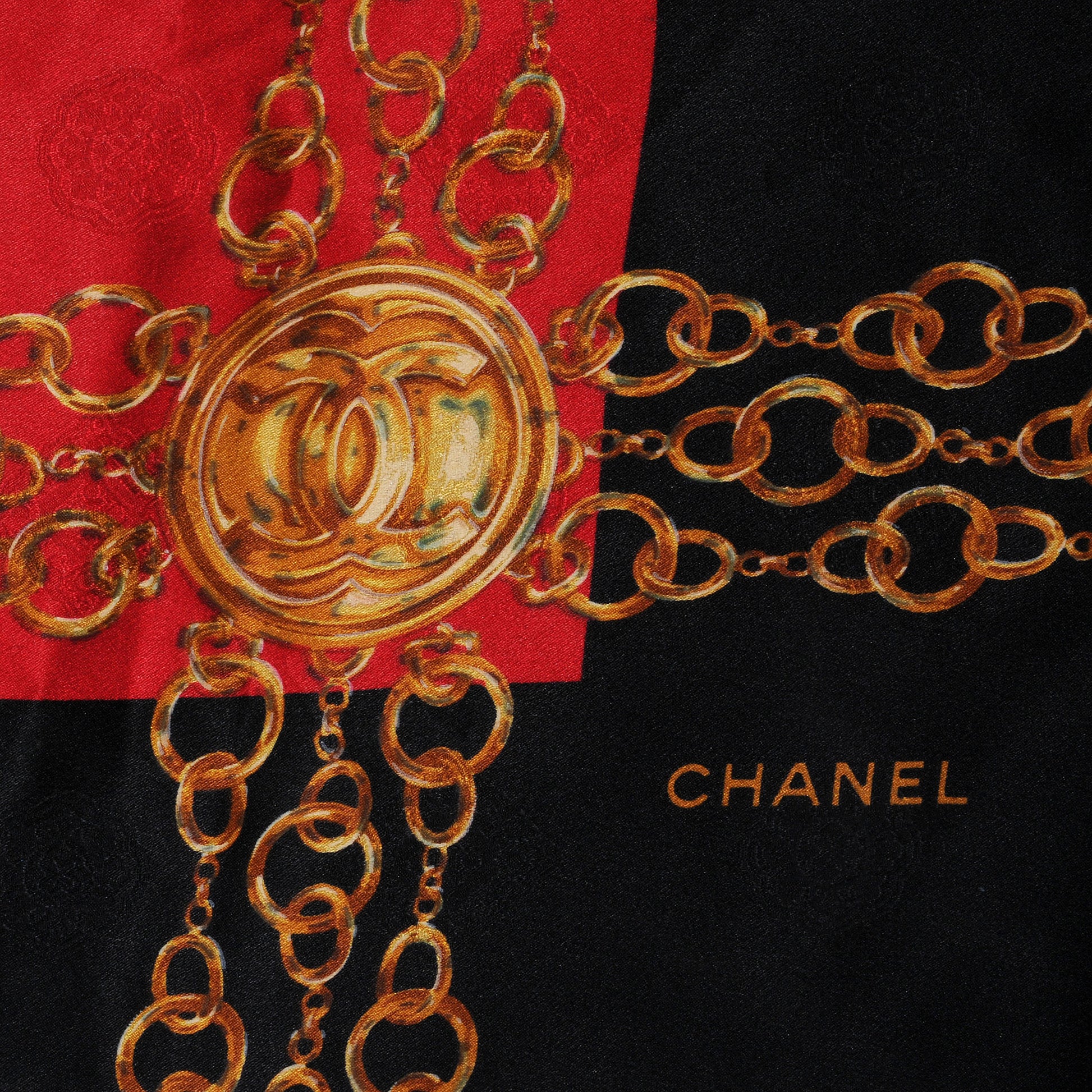 Chanel Silk CC Chain Scarf Black Red Gold 1 of 6