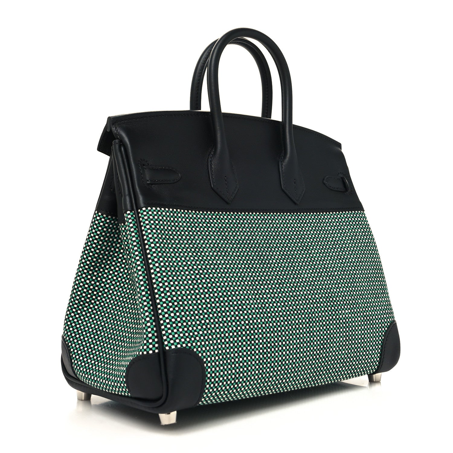Hermes Toile Quadrille Swift Birkin 25 Black Menthe 3 of 13