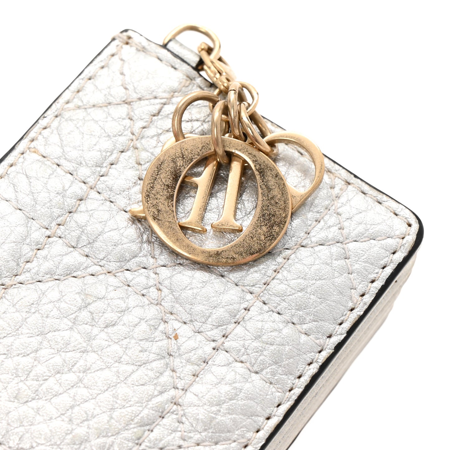 Metallic Grained Calfskin Cannage Lady Dior 5-Gusset Card Holder Silver
