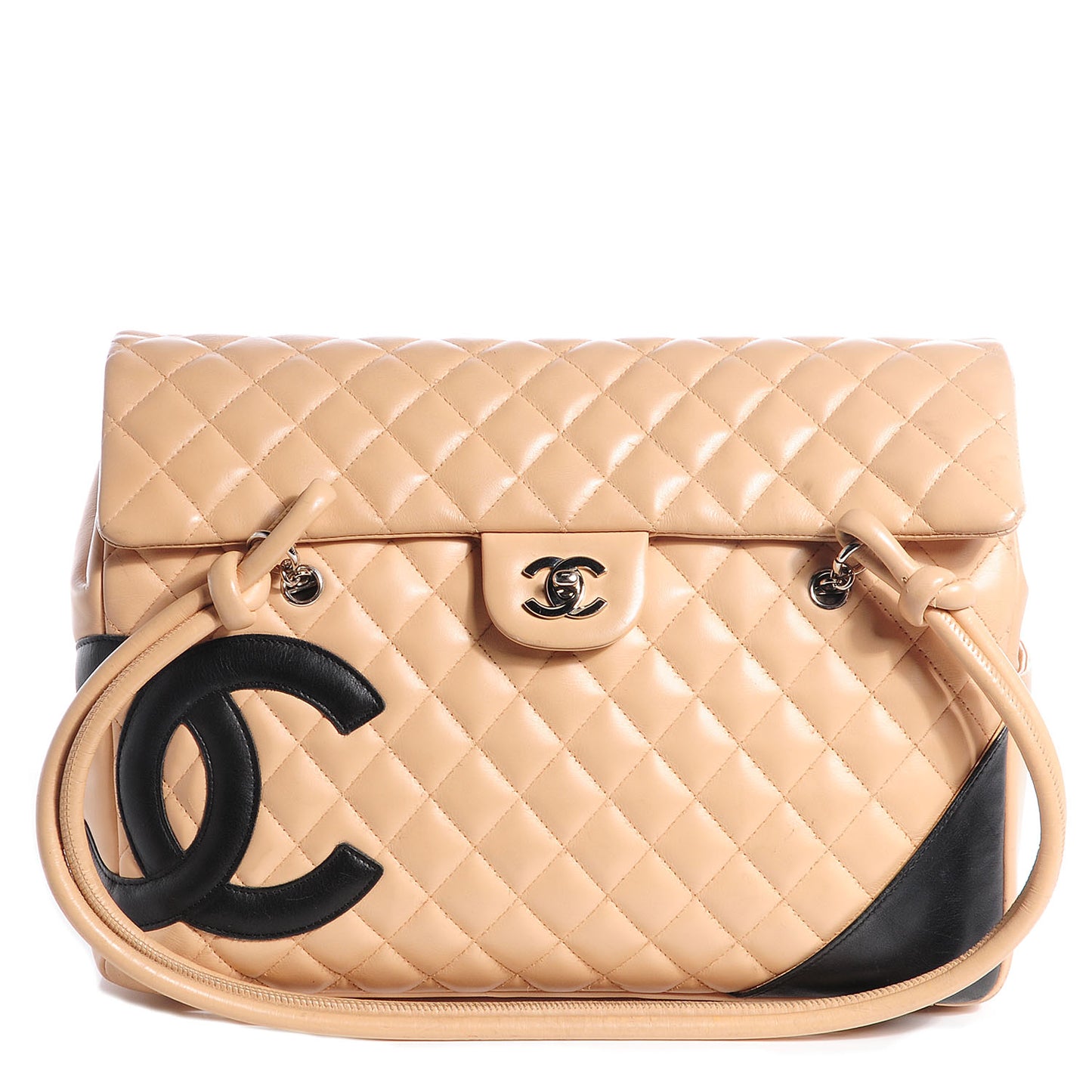 Calfskin Quilted Large Cambon Flap Beige Black