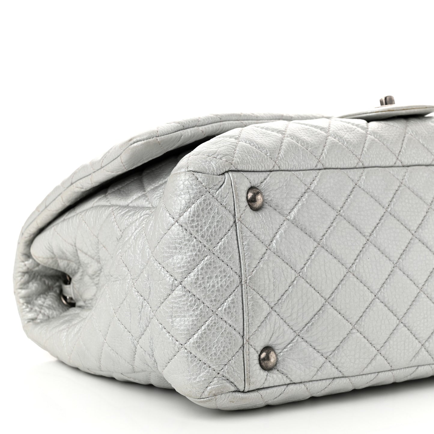Metallic Calfskin Quilted XXL Travel Flap Bag Silver