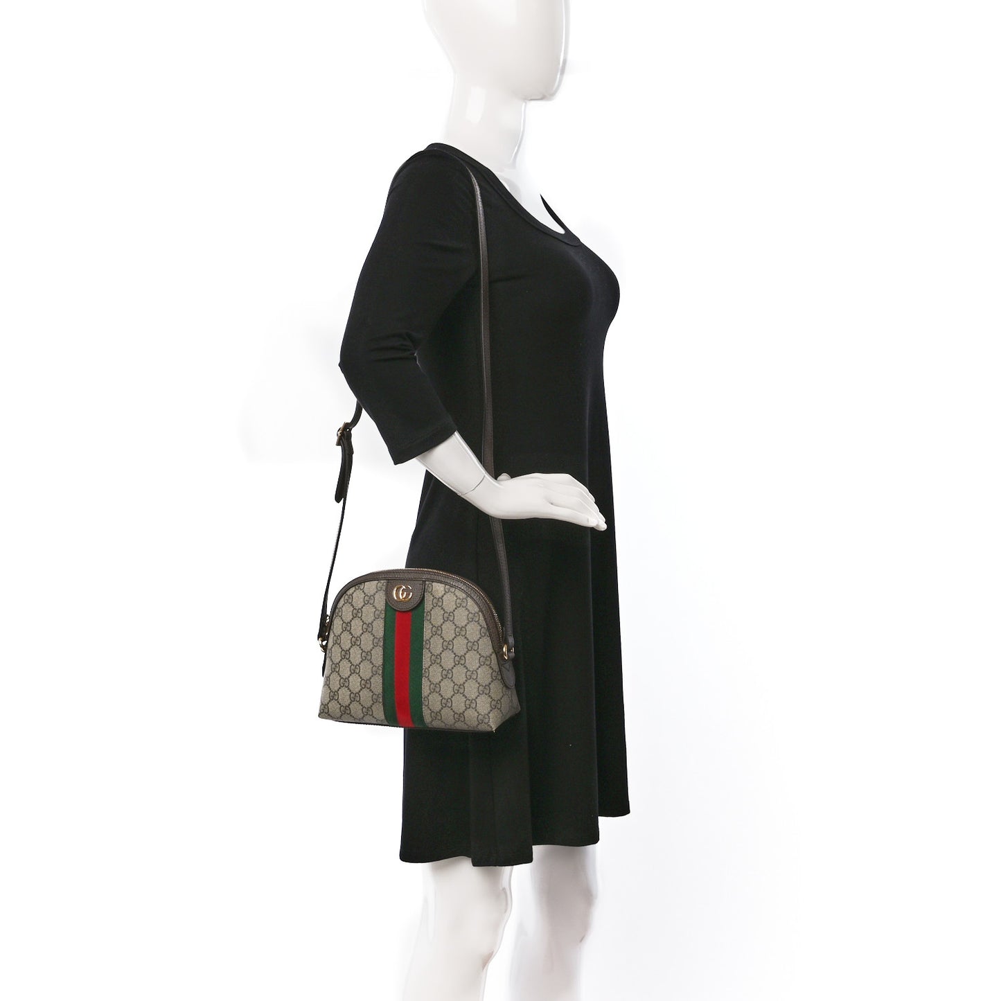 GG Supreme Monogram Textured Dollar Calfskin Web Small Ophidia Dome Shoulder Bag Beige Ebony New Acero