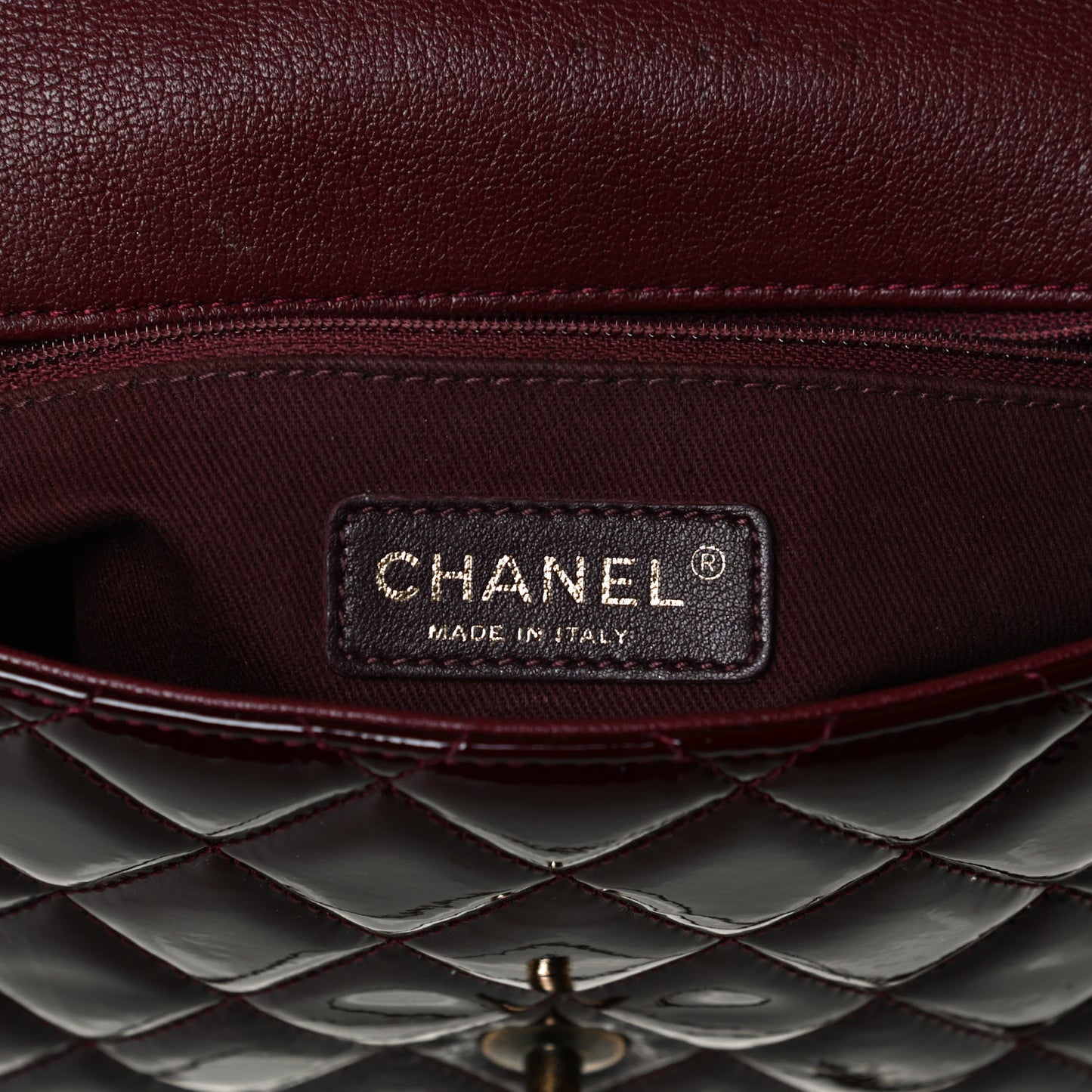 Patent Goatskin Quilted Medium CC Eyelet Flap Burgundy