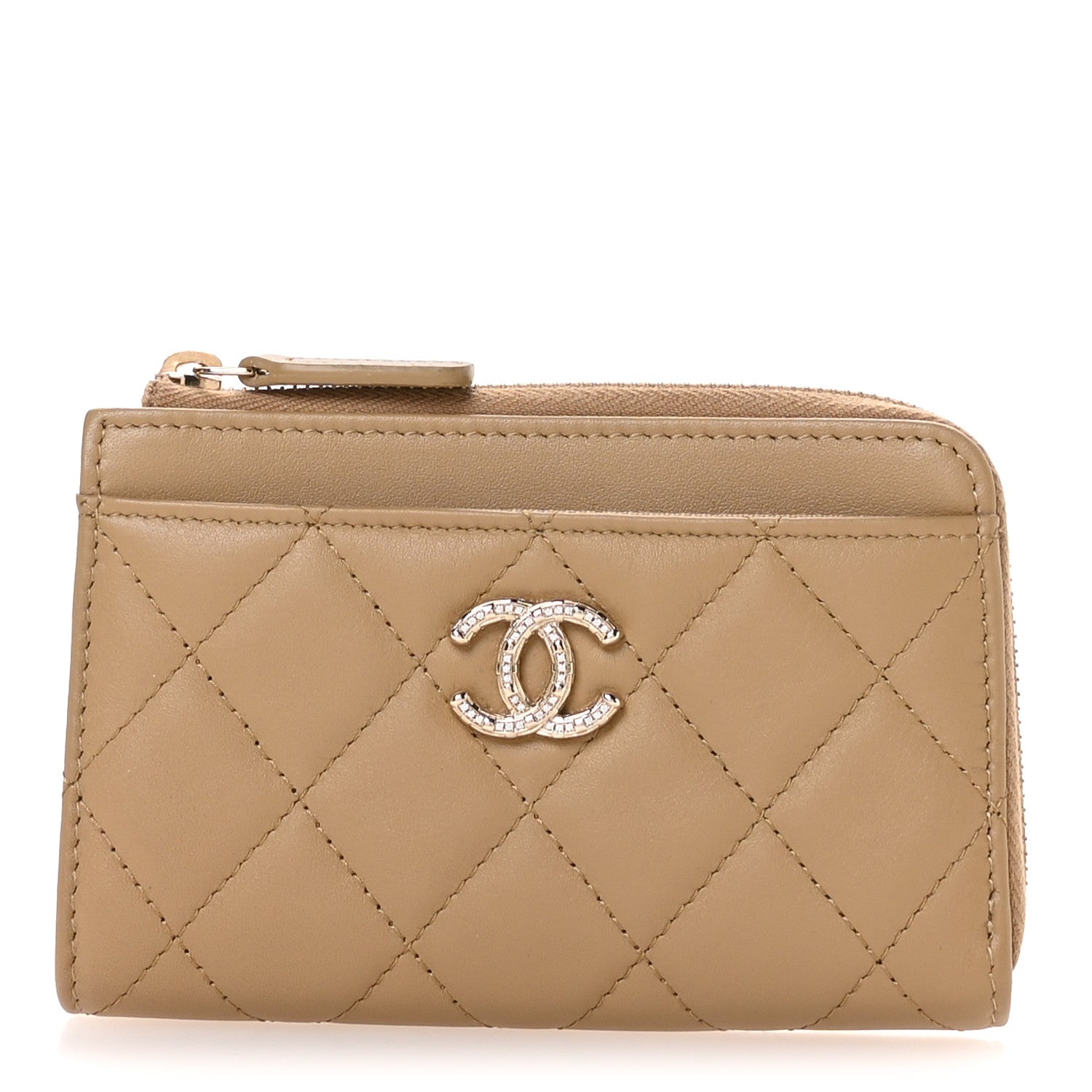 Chanel Lambskin Quilted Crystal CC Zip Card Holder Dark Beige 1 of 8