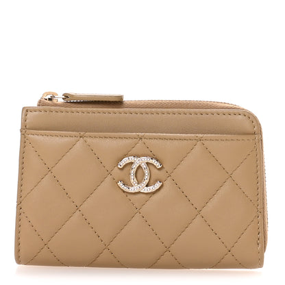 Chanel Lambskin Quilted Crystal CC Zip Card Holder Dark Beige 1 of 8