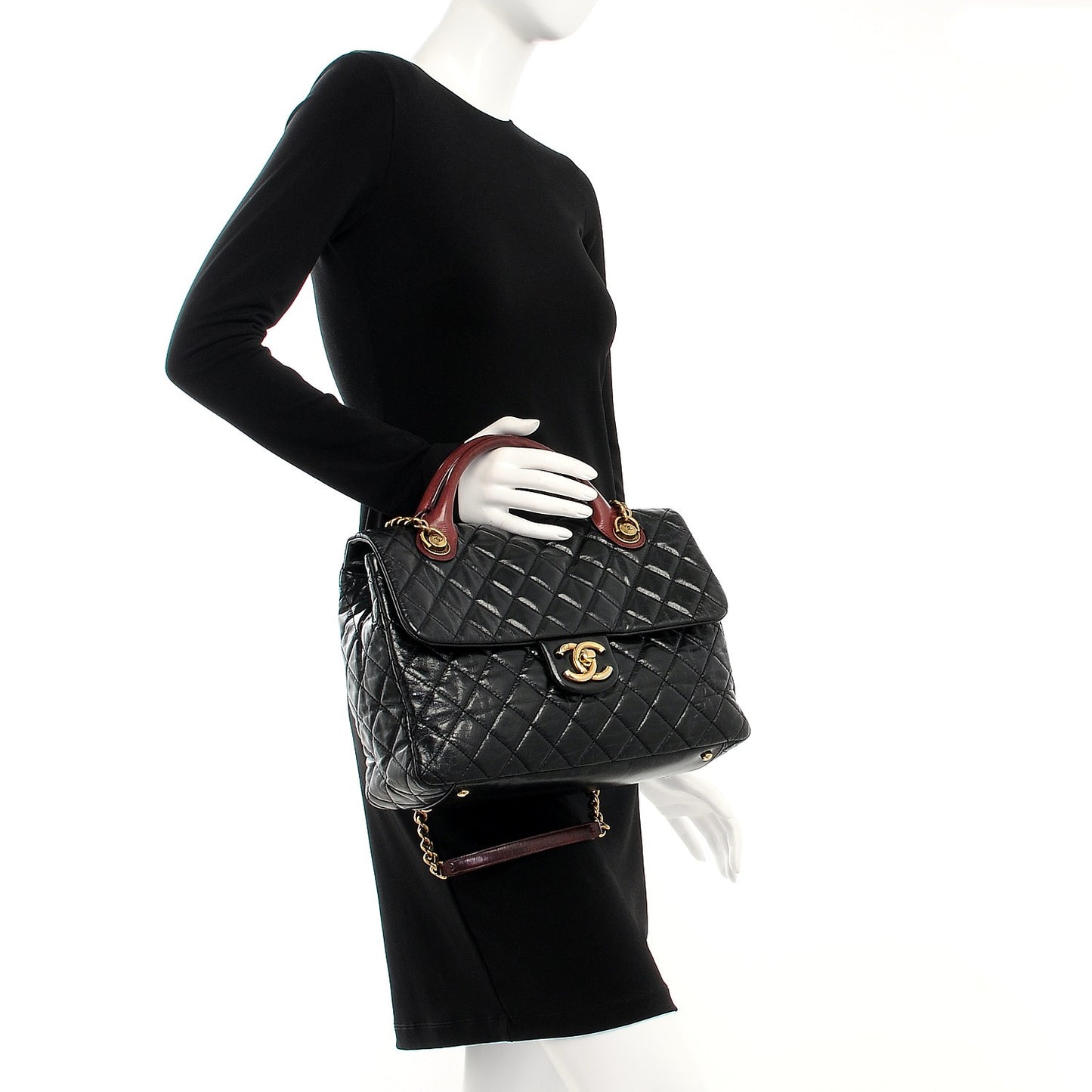 Glazed Calfskin Castle Rock Large Flap Black Burgundy