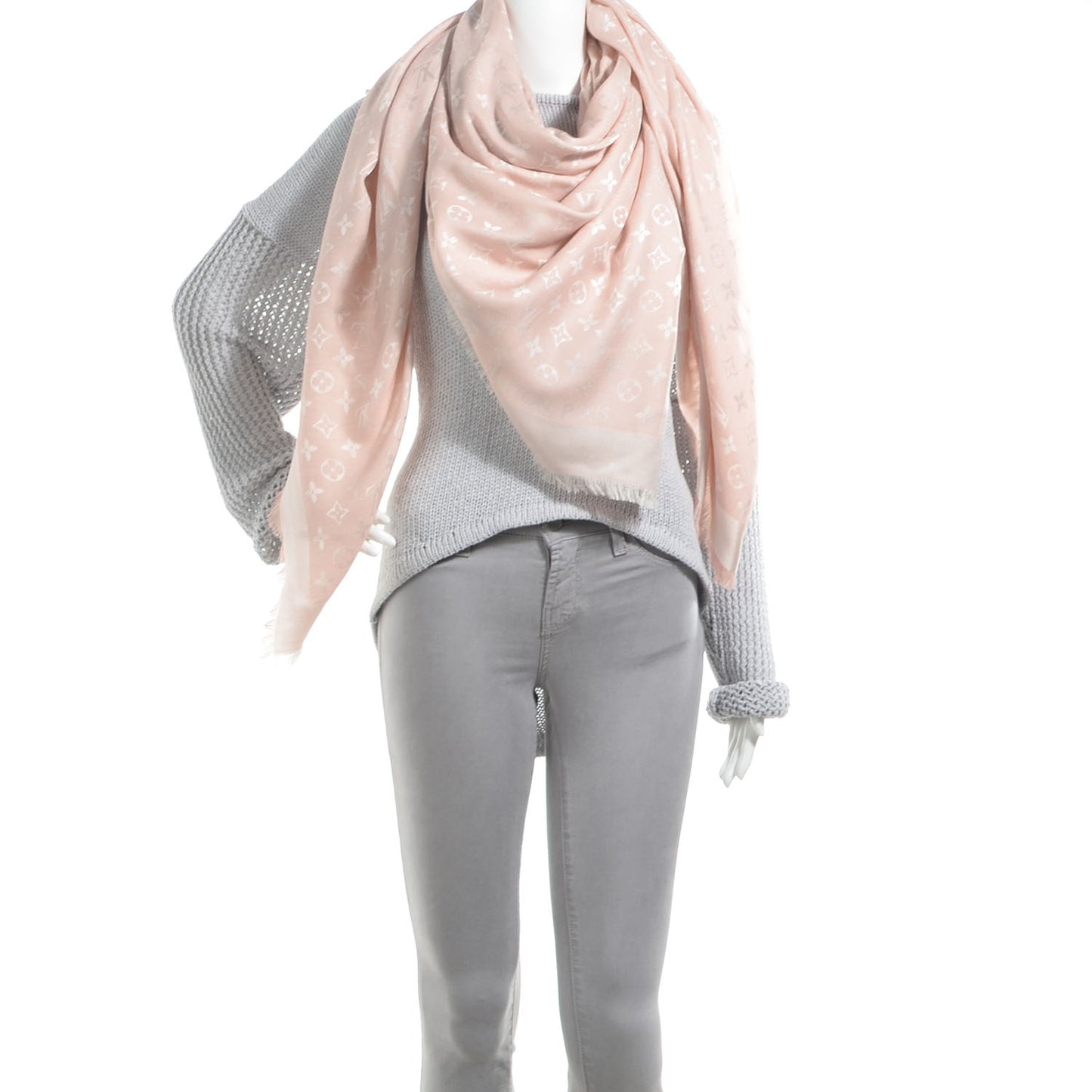 Silk Wool Monogram Denim Shawl Rose