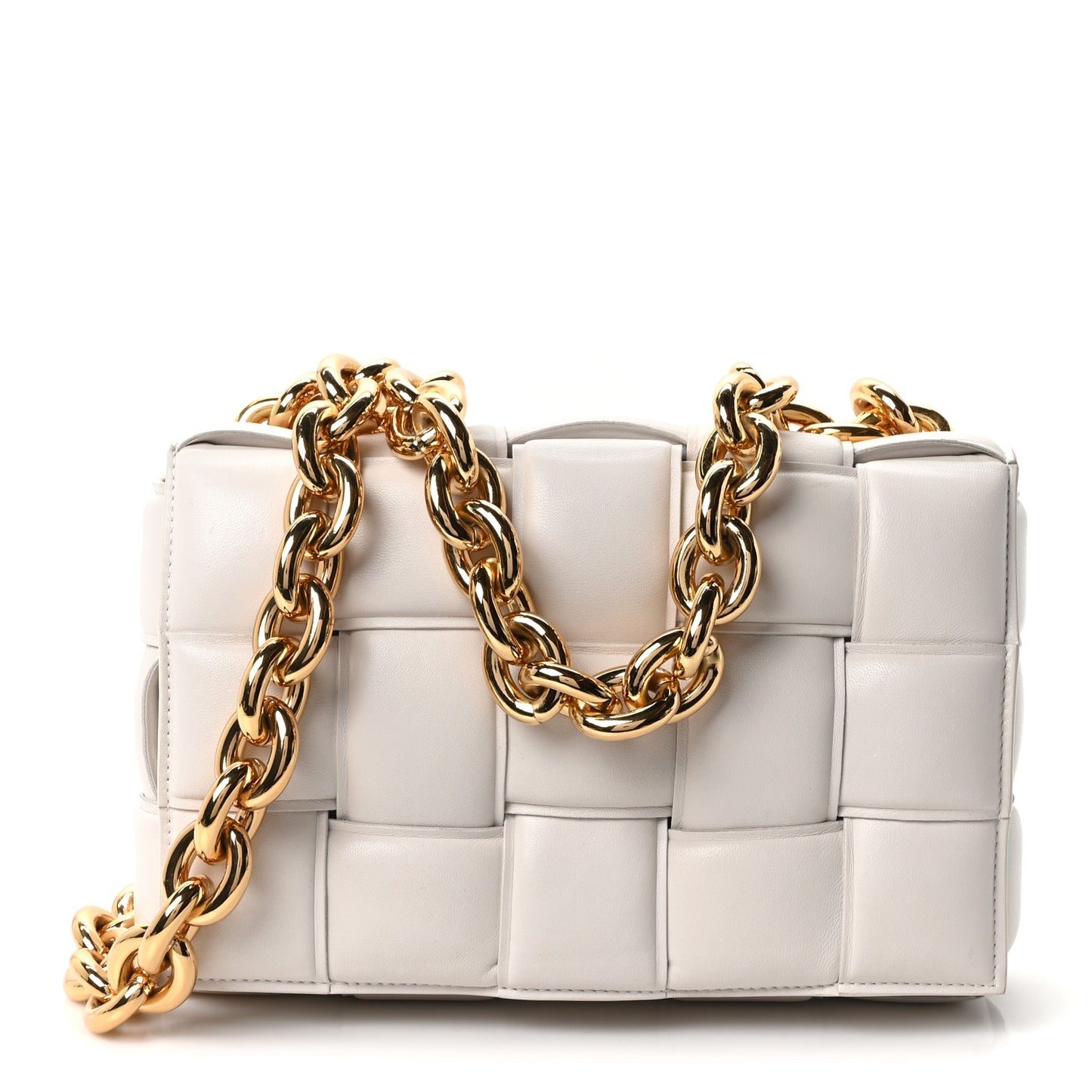 Lambskin Maxi Intreccio Padded Chain Cassette Crossbody Bag White