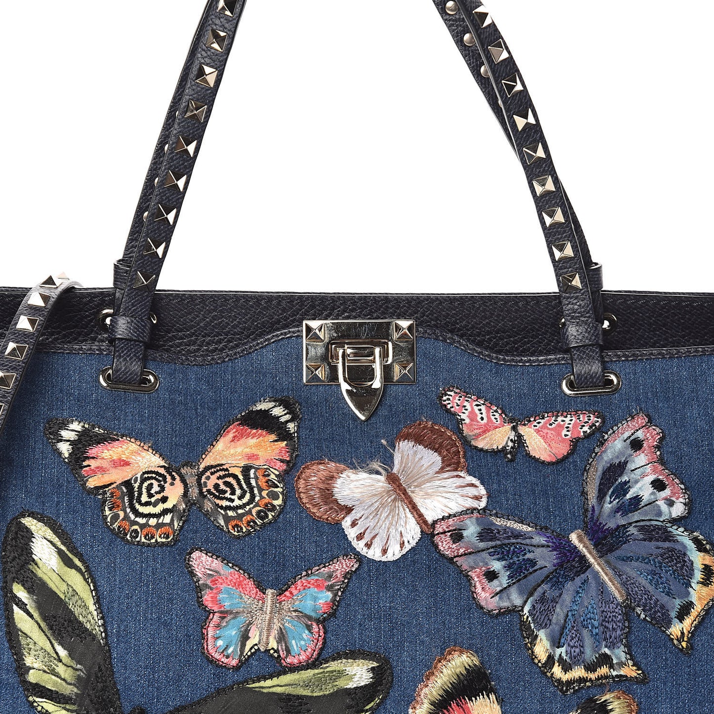 Denim Butterfly Embroidered Medium Rockstud Tote Light Denim Multicolor