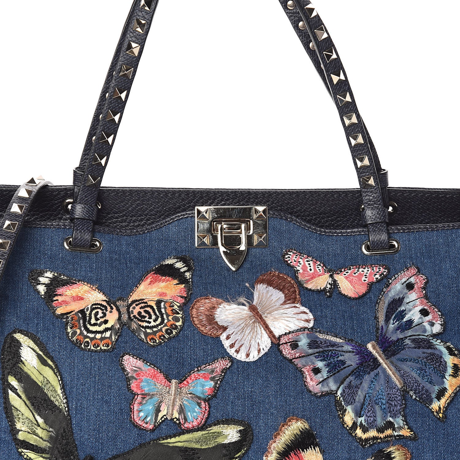 Valentino Garavani Denim Butterfly Embroidered Medium Rockstud Tote Light Denim Multicolor 7 of 9