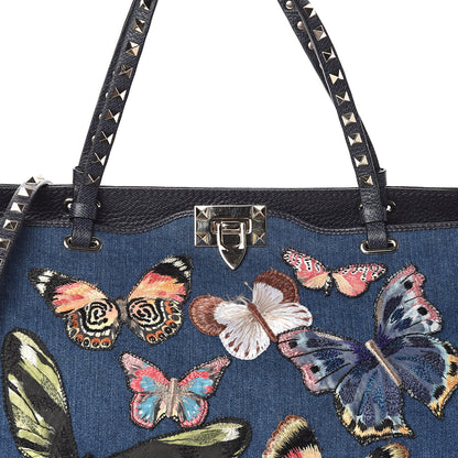 Valentino Garavani Denim Butterfly Embroidered Medium Rockstud Tote Light Denim Multicolor 7 of 9