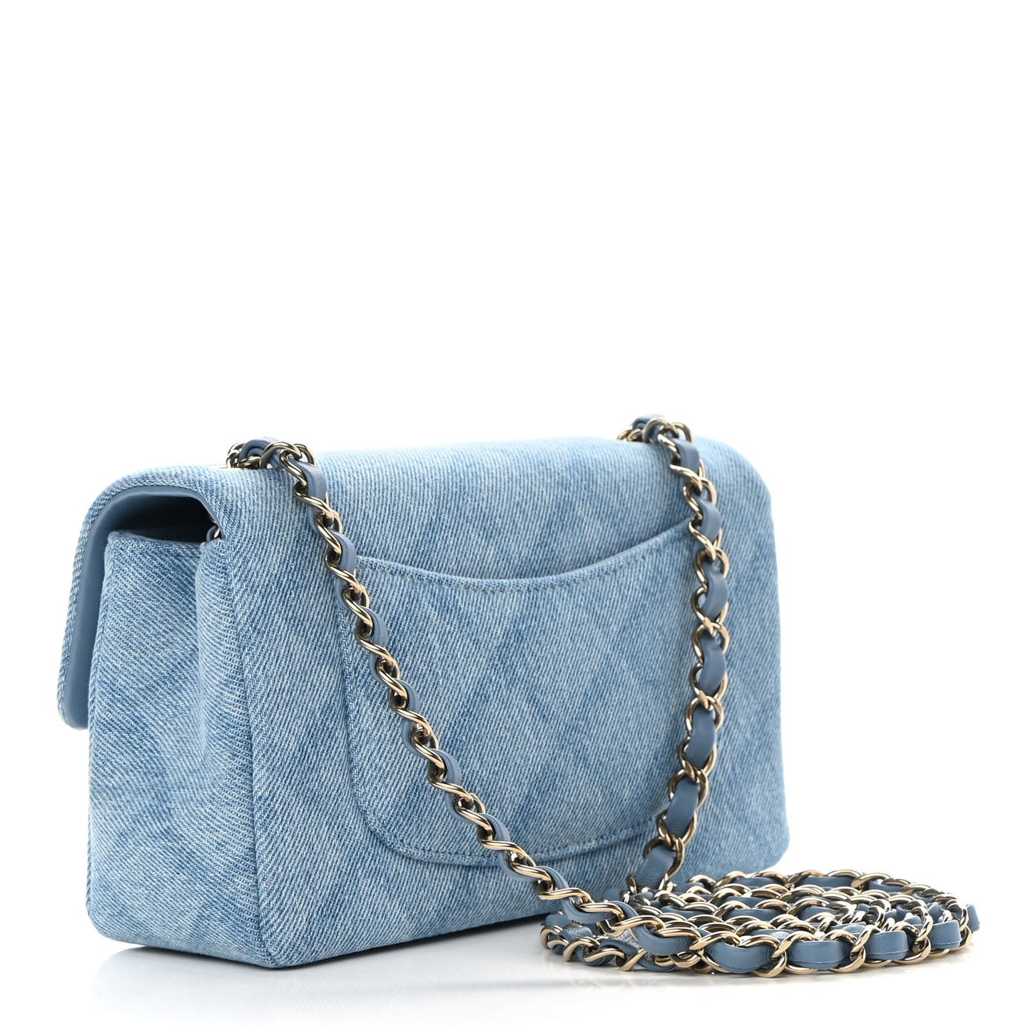 Printed Denim Quilted Mini Rectangular Flap Light Blue