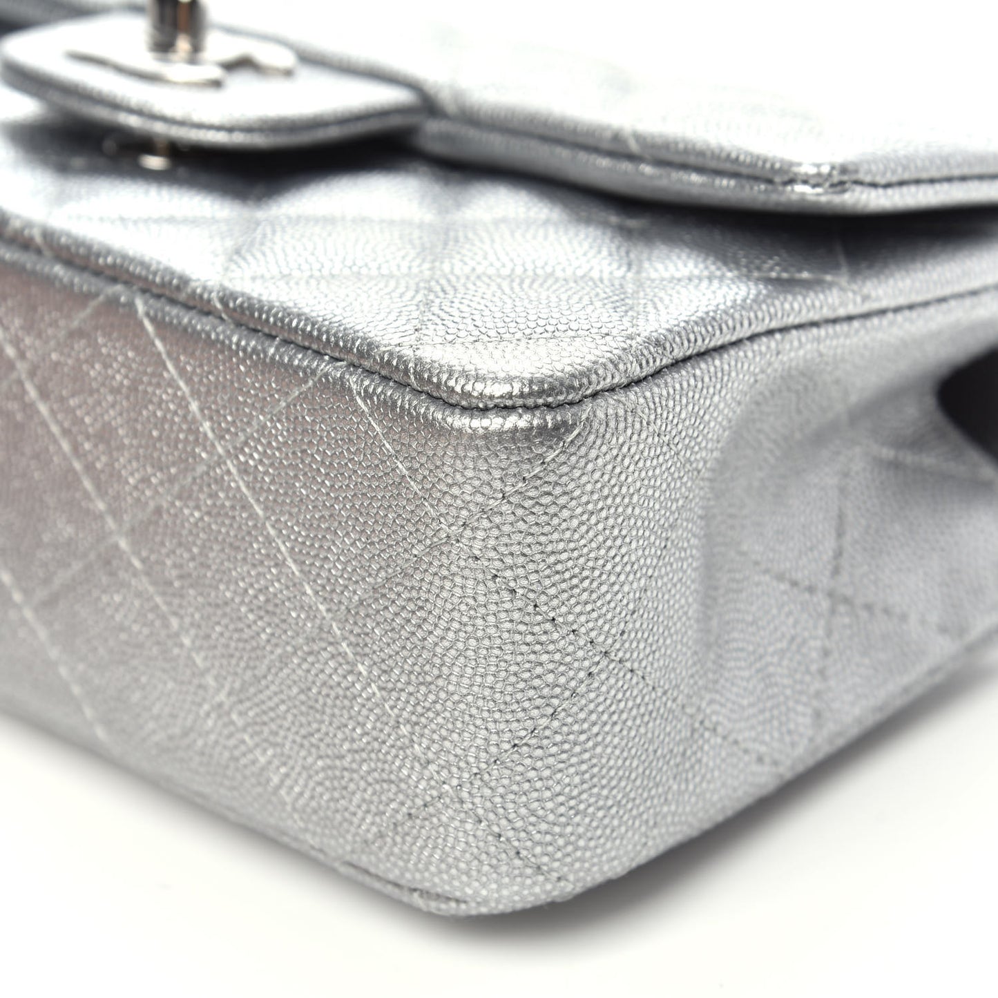 Metallic Caviar Quilted Mini Top Handle Rectangular Flap Silver