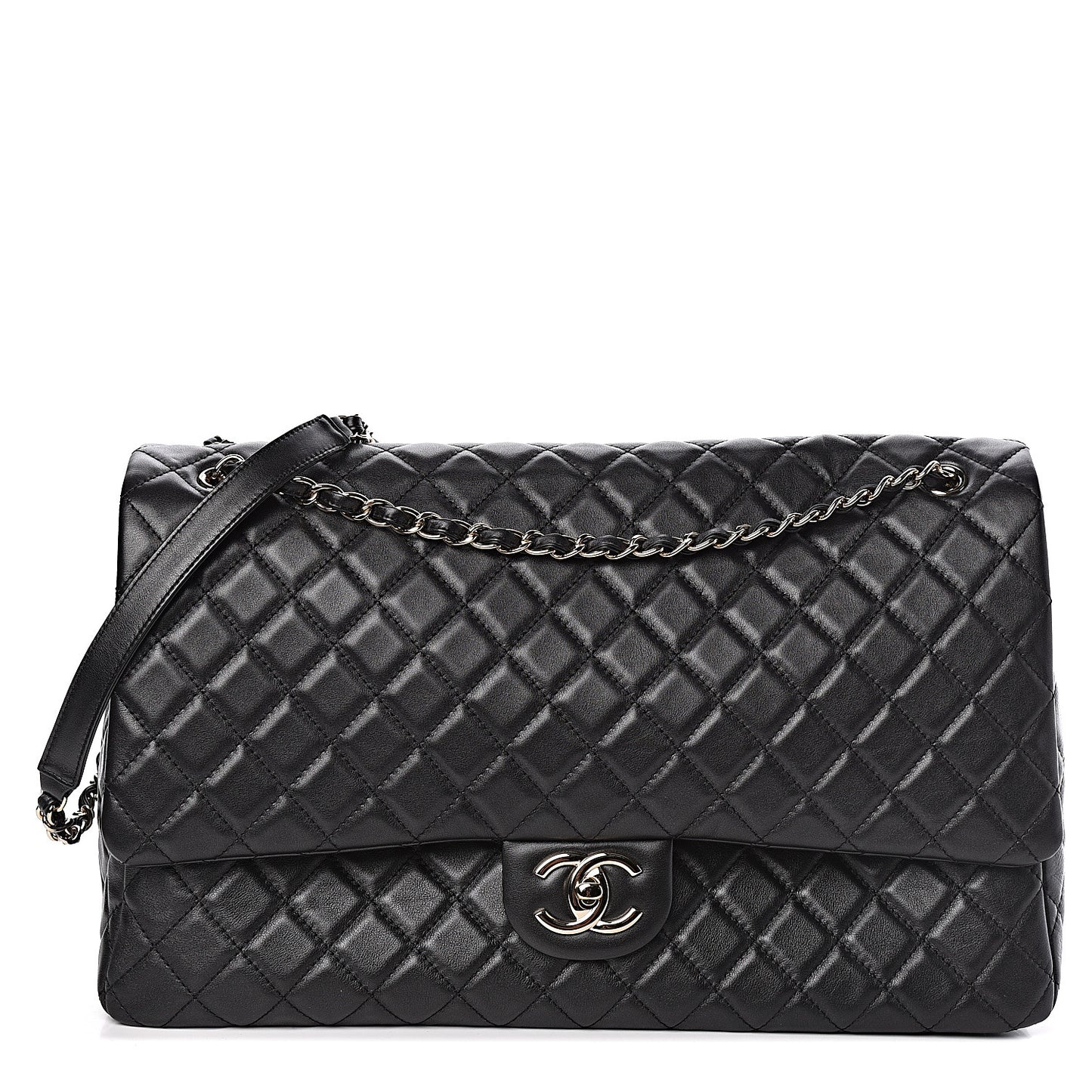 Calfskin Quilted XXL Travel Flap Bag Black