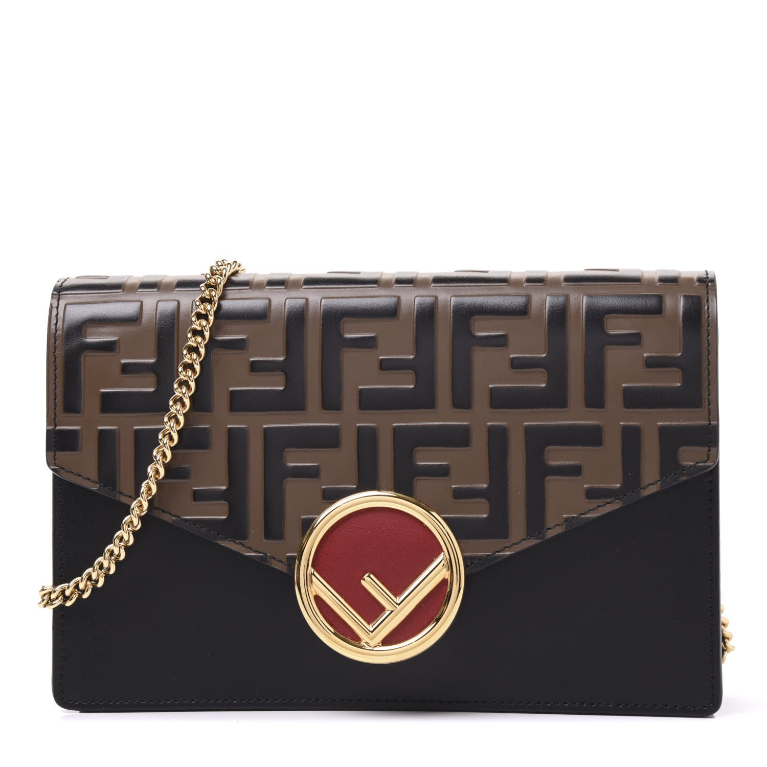 Fendi Vitello Liberty F is Fendi Bi-Color FF 1974 Embossed Medium Envelope Wallet On Chain Black Maya 1 of 9