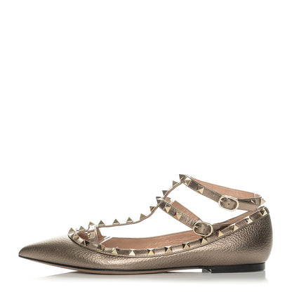 Valentino Garavani Metallic Pebbled Calfskin Rockstud Cage Ballerina Flats 39 Sasso 1 of 7