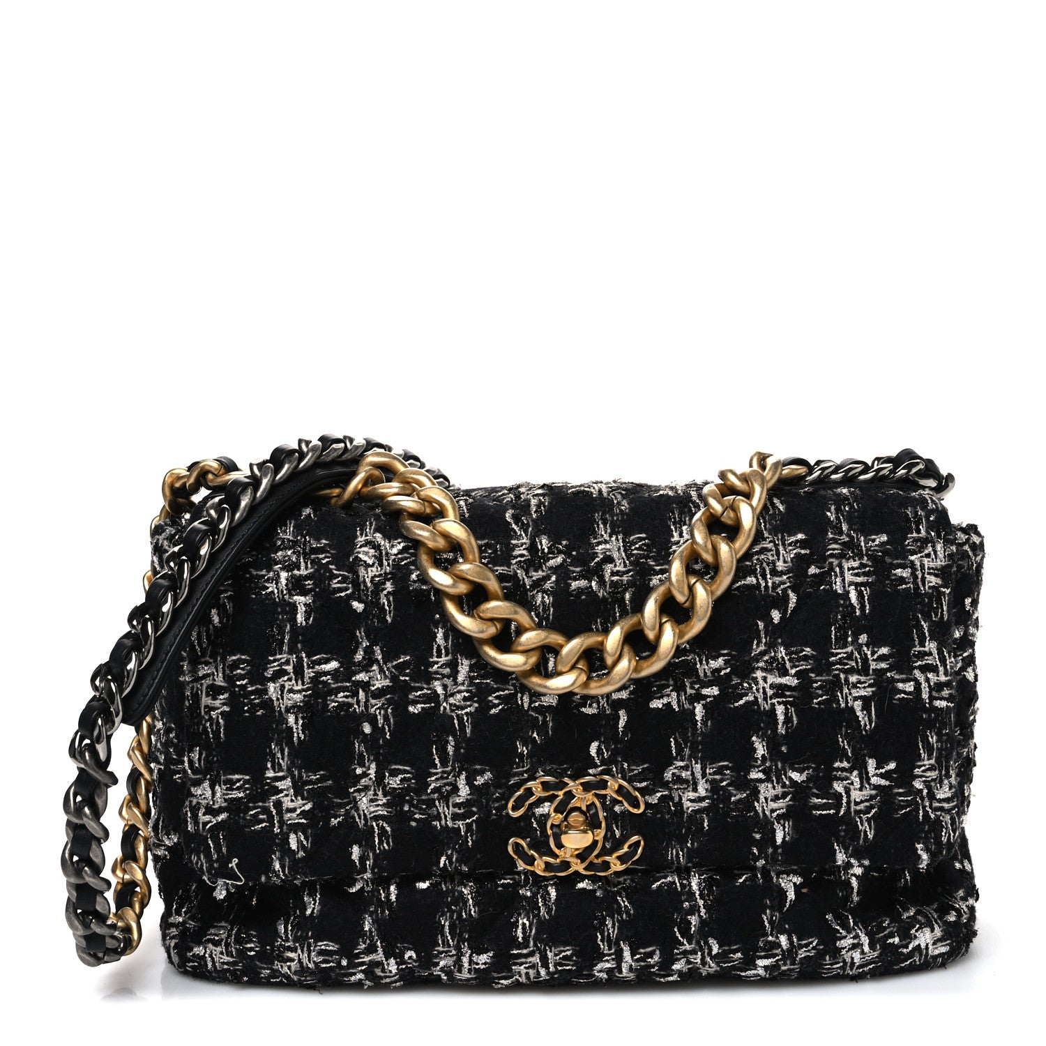 Chanel Tweed Quilted Large Chanel 19 Flap Black Silver Ecru 1 of 9