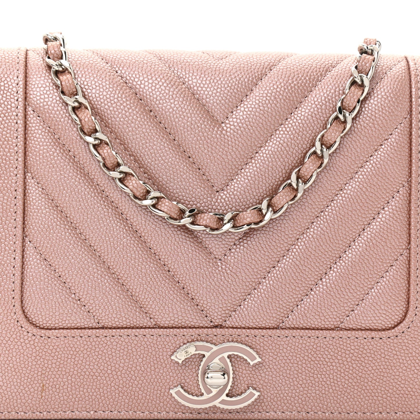 Metallic Caviar Chevron Quilted Vintage Mademoiselle Wallet On Chain WOC Pink