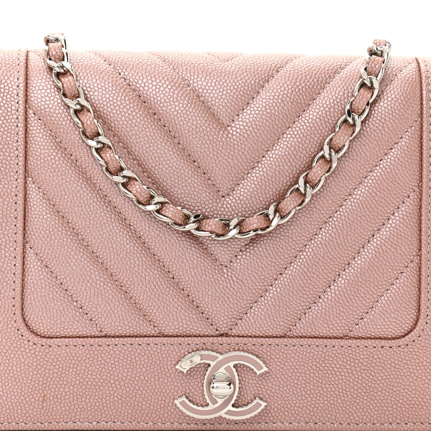 Chanel Metallic Caviar Chevron Quilted Vintage Mademoiselle Wallet On Chain WOC Pink 9 of 9
