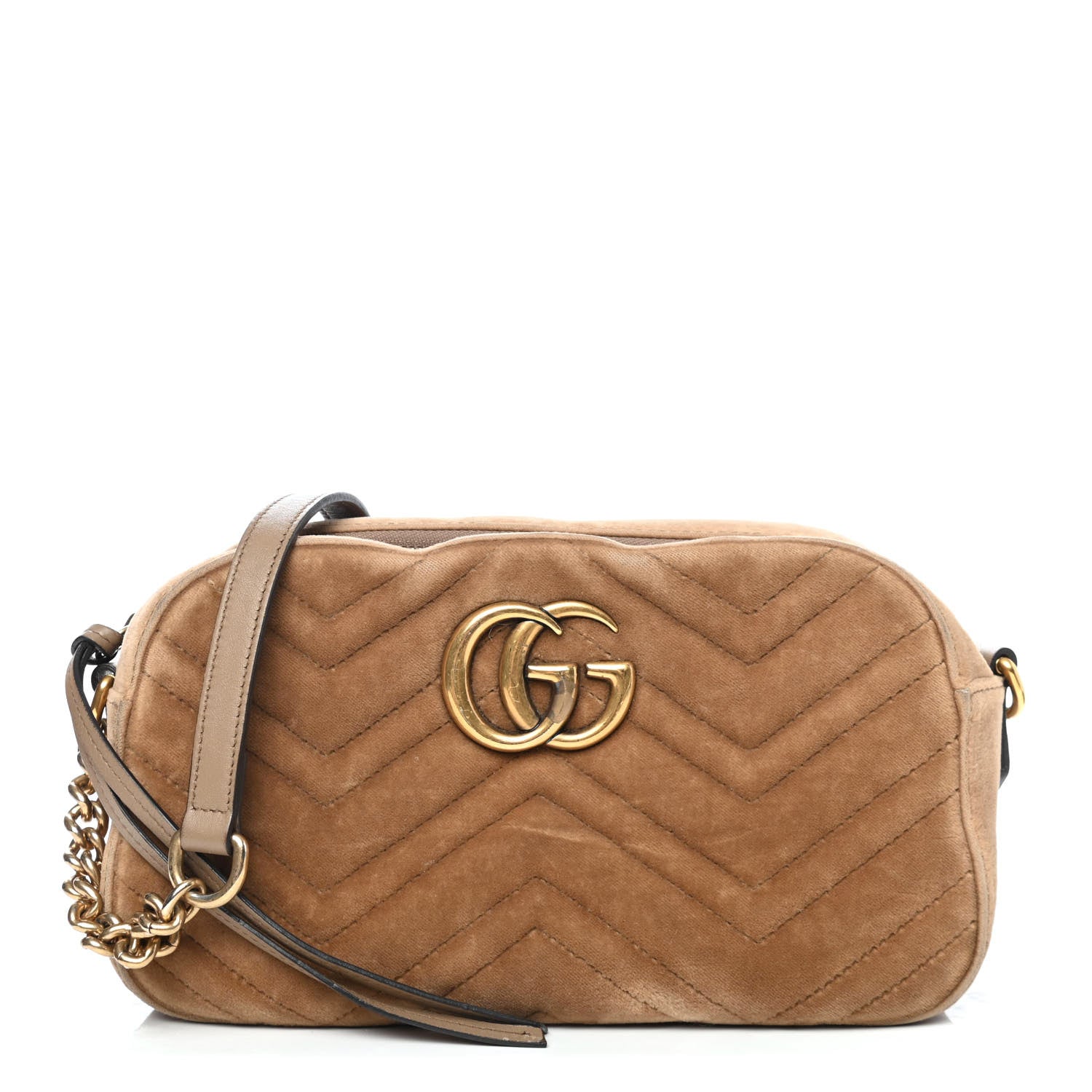 Gucci Velvet Matelasse Small GG Marmont Chain Shoulder Bag Taupe 1 of 4