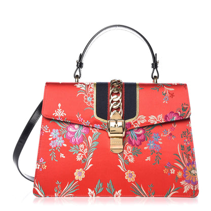 Gucci Jacquard Floral Medium Sylvie Top Handle Bag Red Multicolor Black 1 of 14