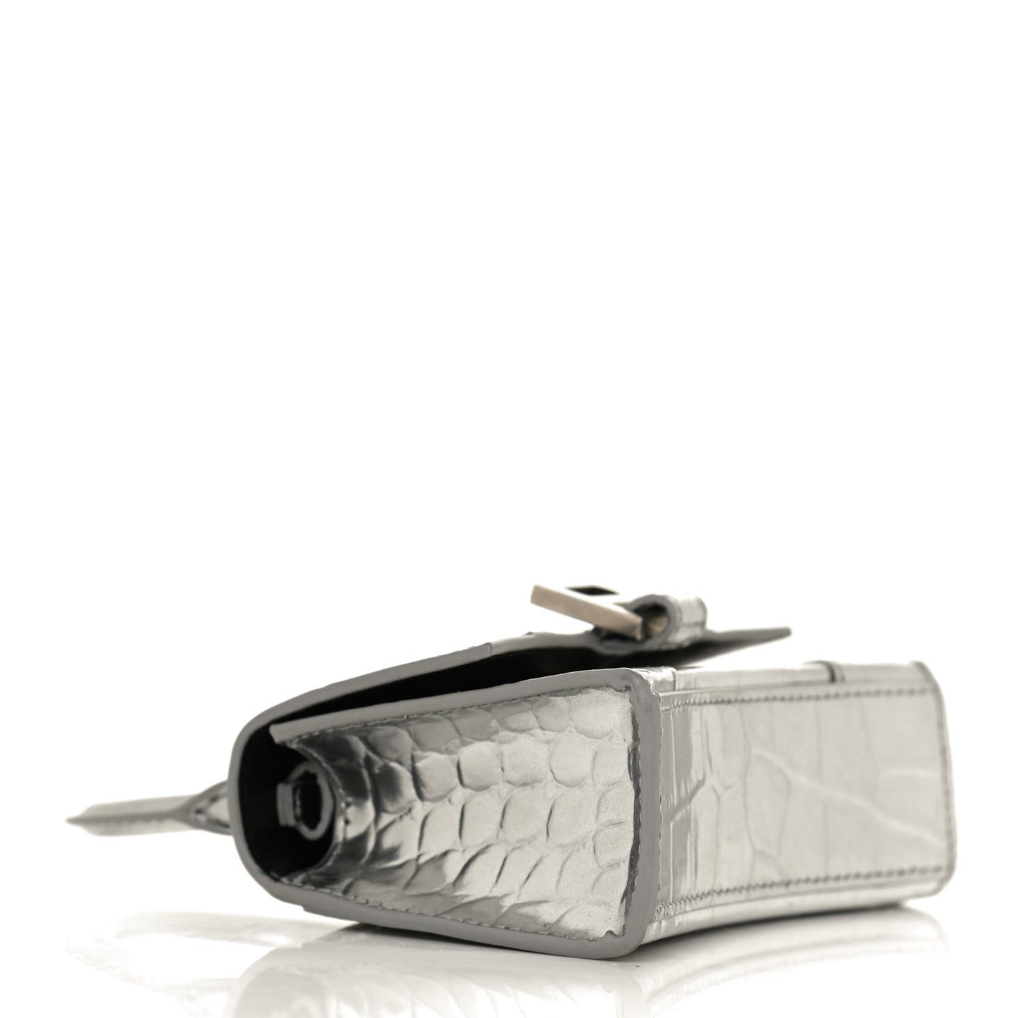 Metallic Calfskin Crocodile Embossed Hourglass Top Handle Bag Mini Silver