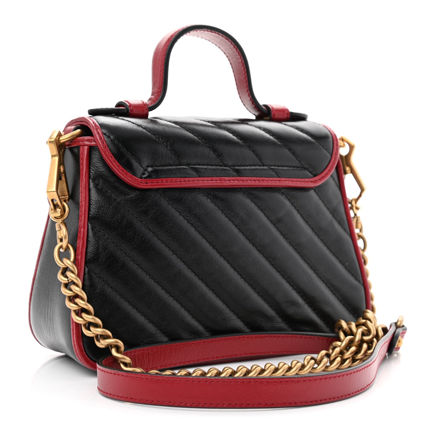 Gucci Vintage Effect Calfskin Matelasse Diagonal Mini Torchon GG Marmont Top Handle Shoulder Bag Black Romantic Cherry 3 of 10