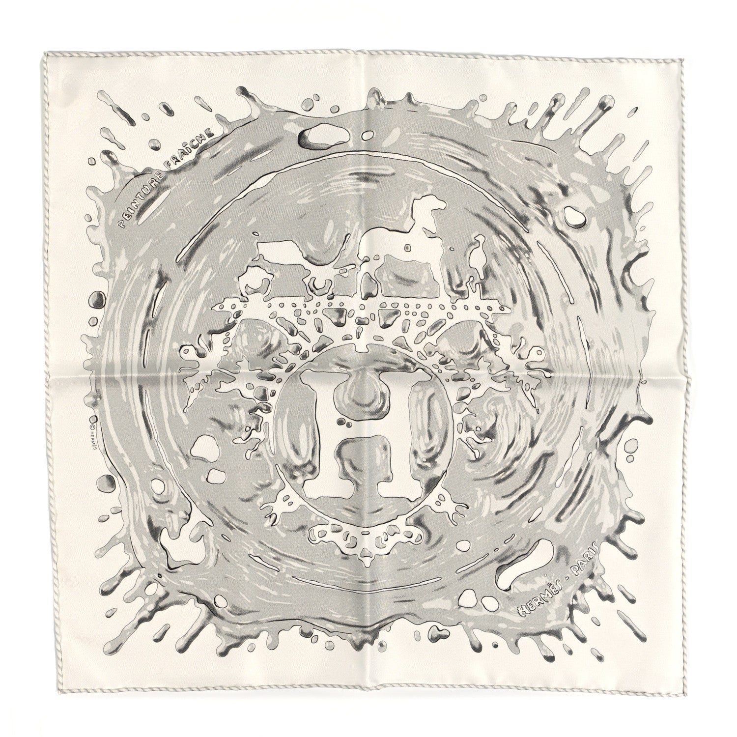 Hermes Silk Peinture Fraiche Pocket Square White Gris Perle 1 of 5