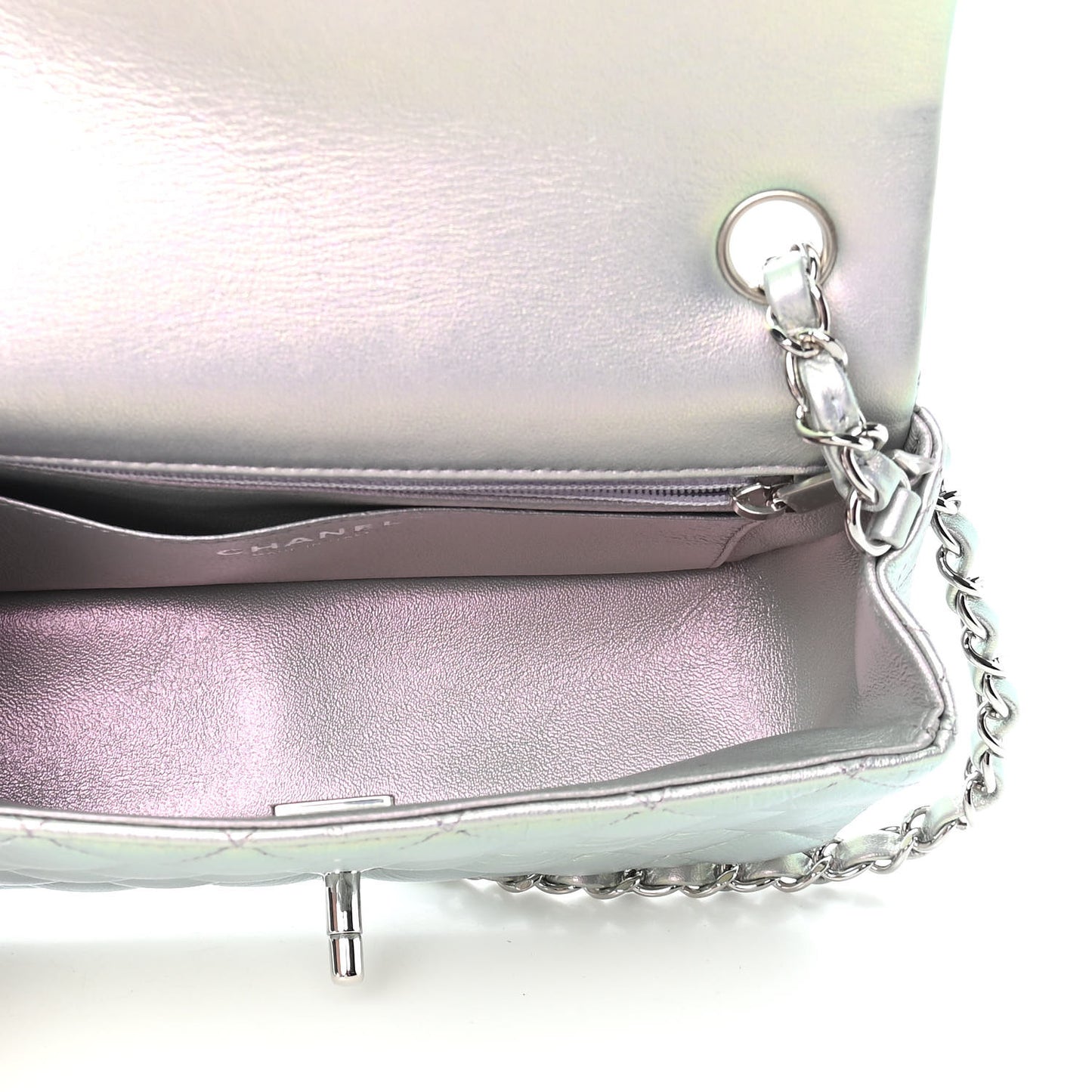 Iridescent Calfskin Quilted Mini Rectangular Flap Light Purple