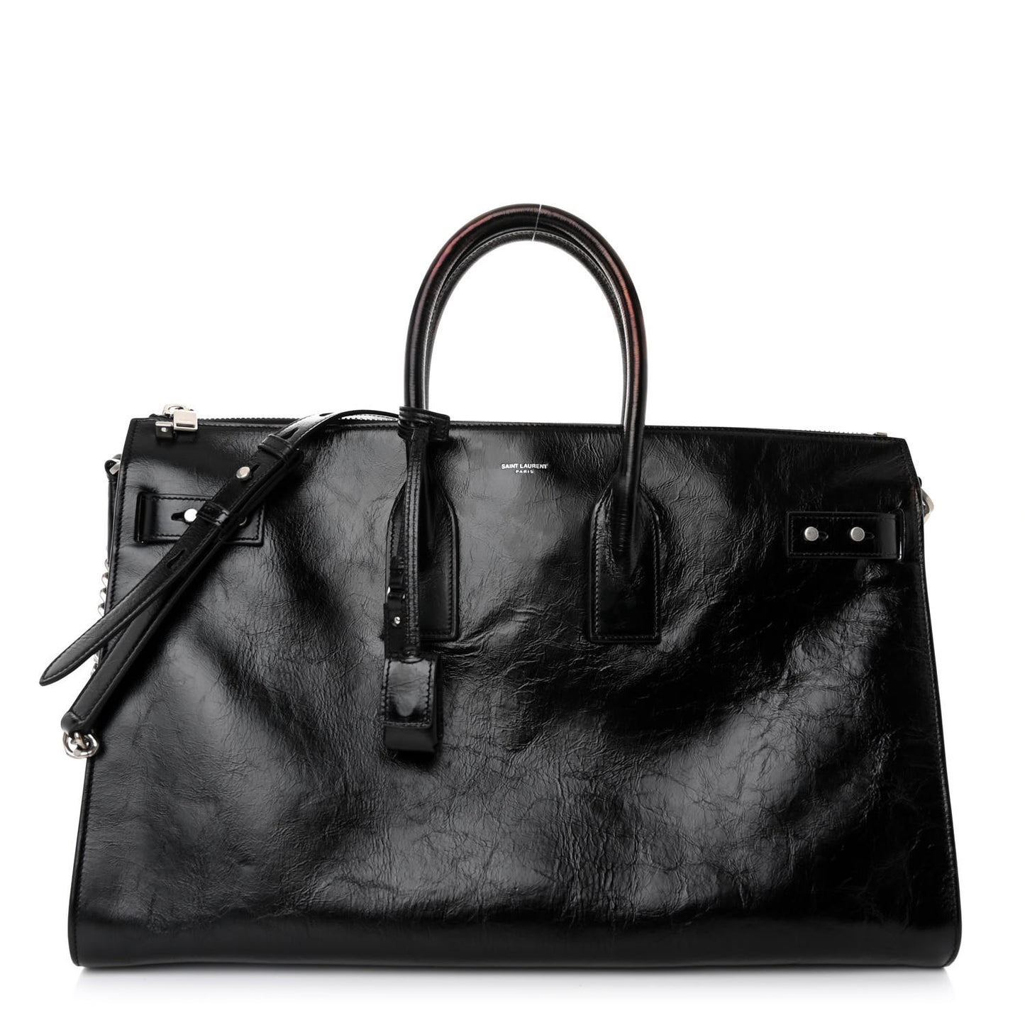 Cracked Shiny Calfskin Souple 36H Sac De Jour Duffle Black