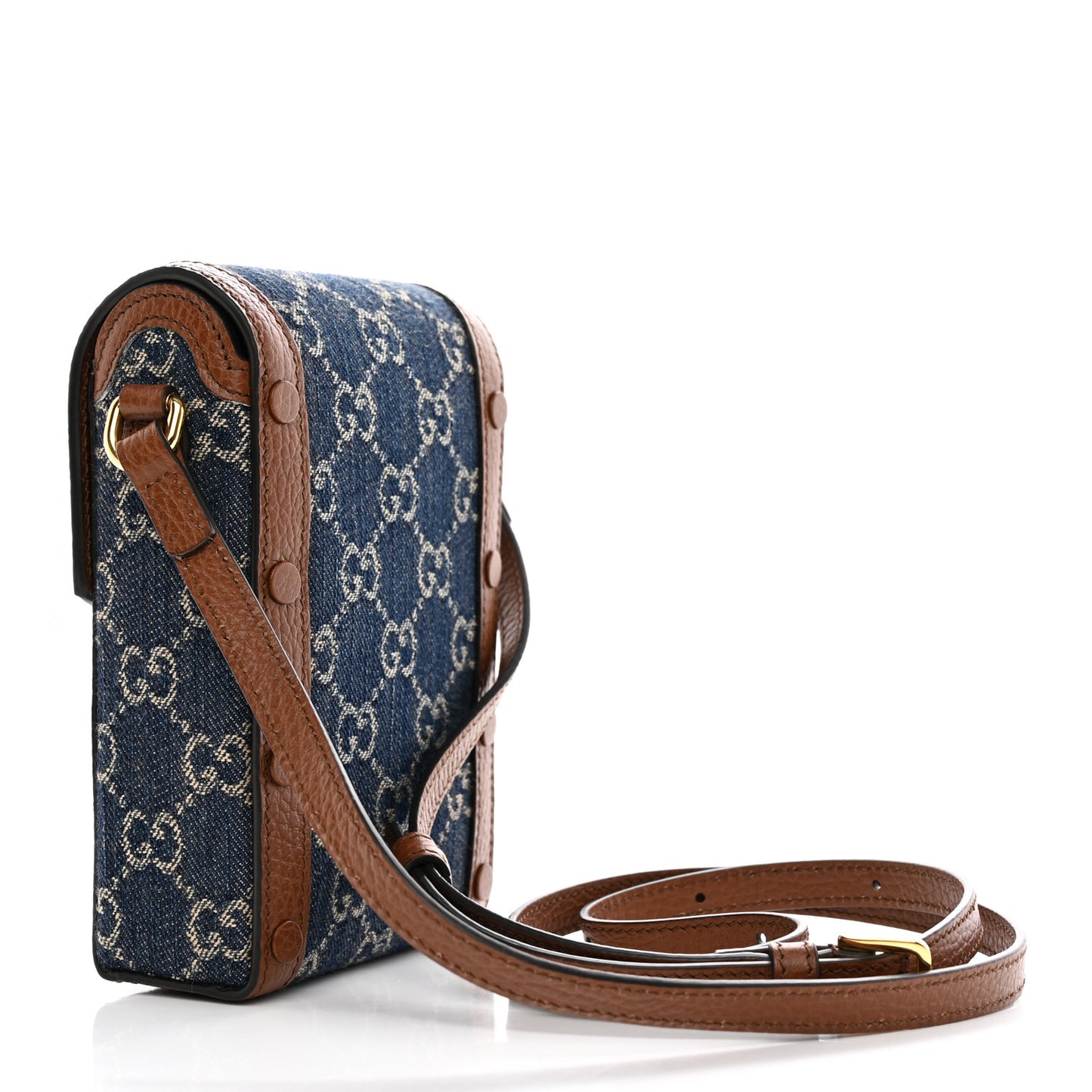 New Denim GG Monogram Dollar Calfskin Mini Horsebit 1955 Crossbody Bag Blue Tea Cuir Epilog