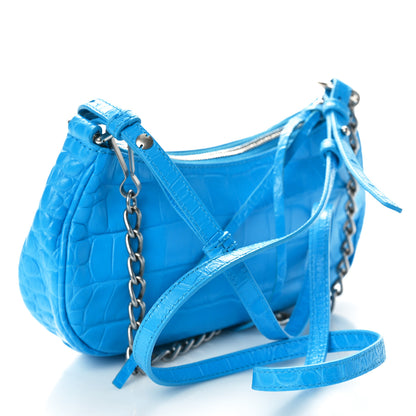 Balenciaga Extra Supple Calfskin Crocodile Embossed Crystal Mini Le Cagole Purse With Chain Cyan 3 of 10