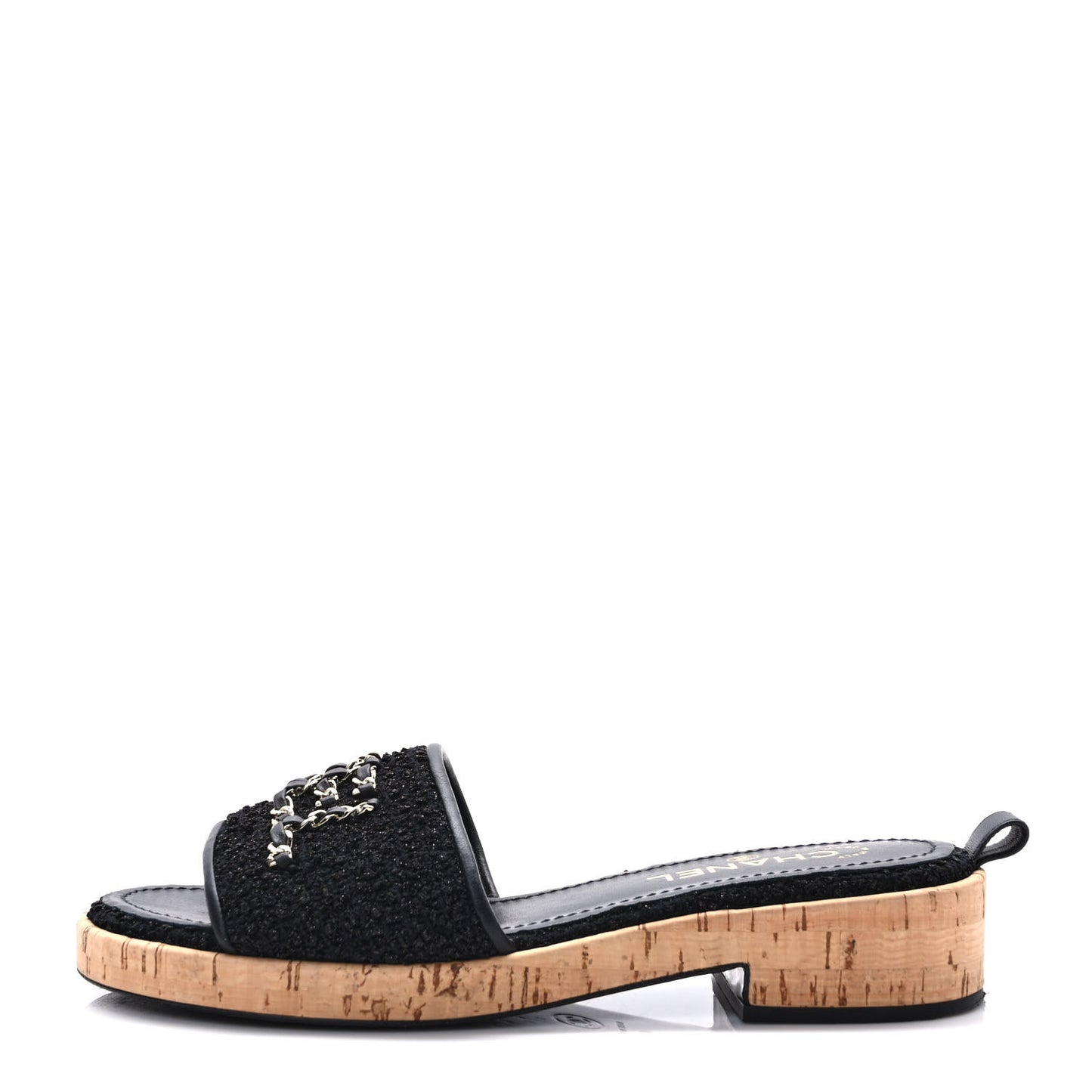 Tweed Cork CC Chain Mule Sandal 40 Black