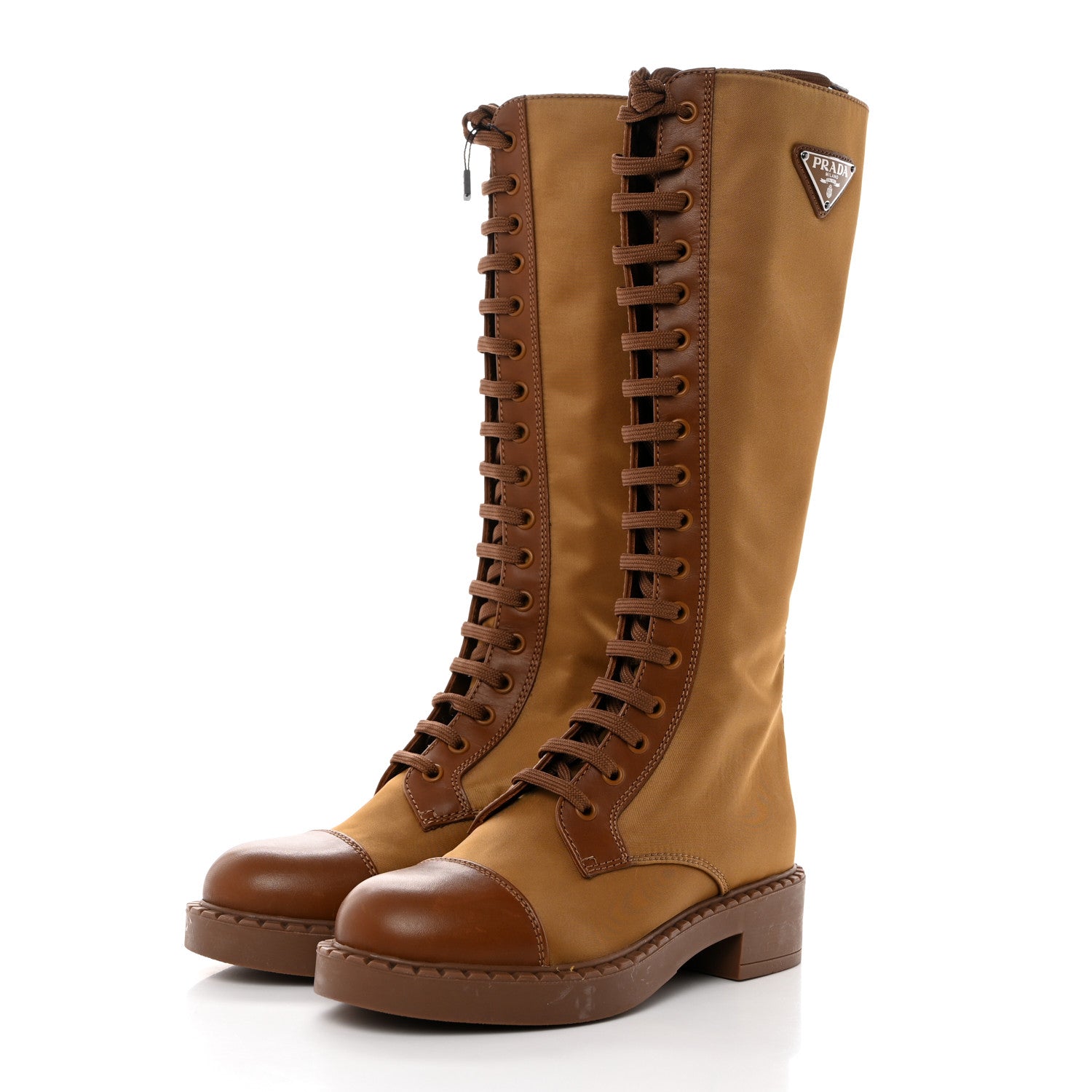 Prada Re-Nylon Spazzolato Rois Metal Triangle Logo Tall 50mm Combat Boots 36 Tobacco Brown 3 of 9