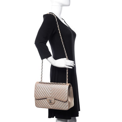 Chanel Metallic Caviar Chevron Quilted Jumbo Double Flap Light Gold 2 of 11